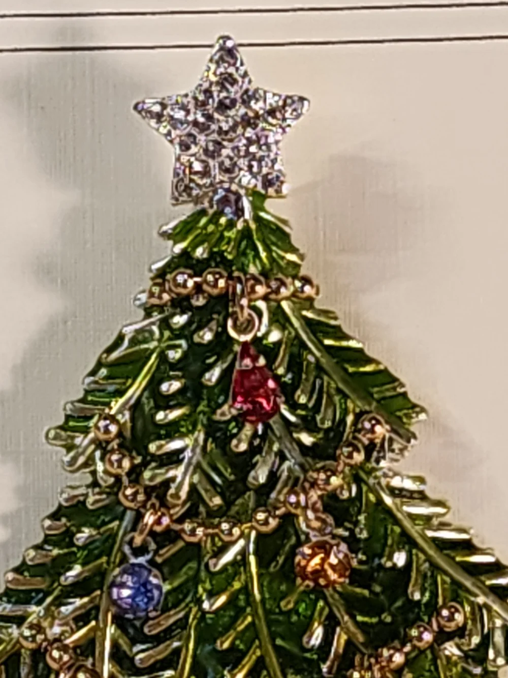AVON 2008 Green Enamel Christmas Tree Brooch with Multicolor Rhinestones